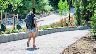 Matkailija kävelee rinkka selässä kesäisessä maisemassa. 